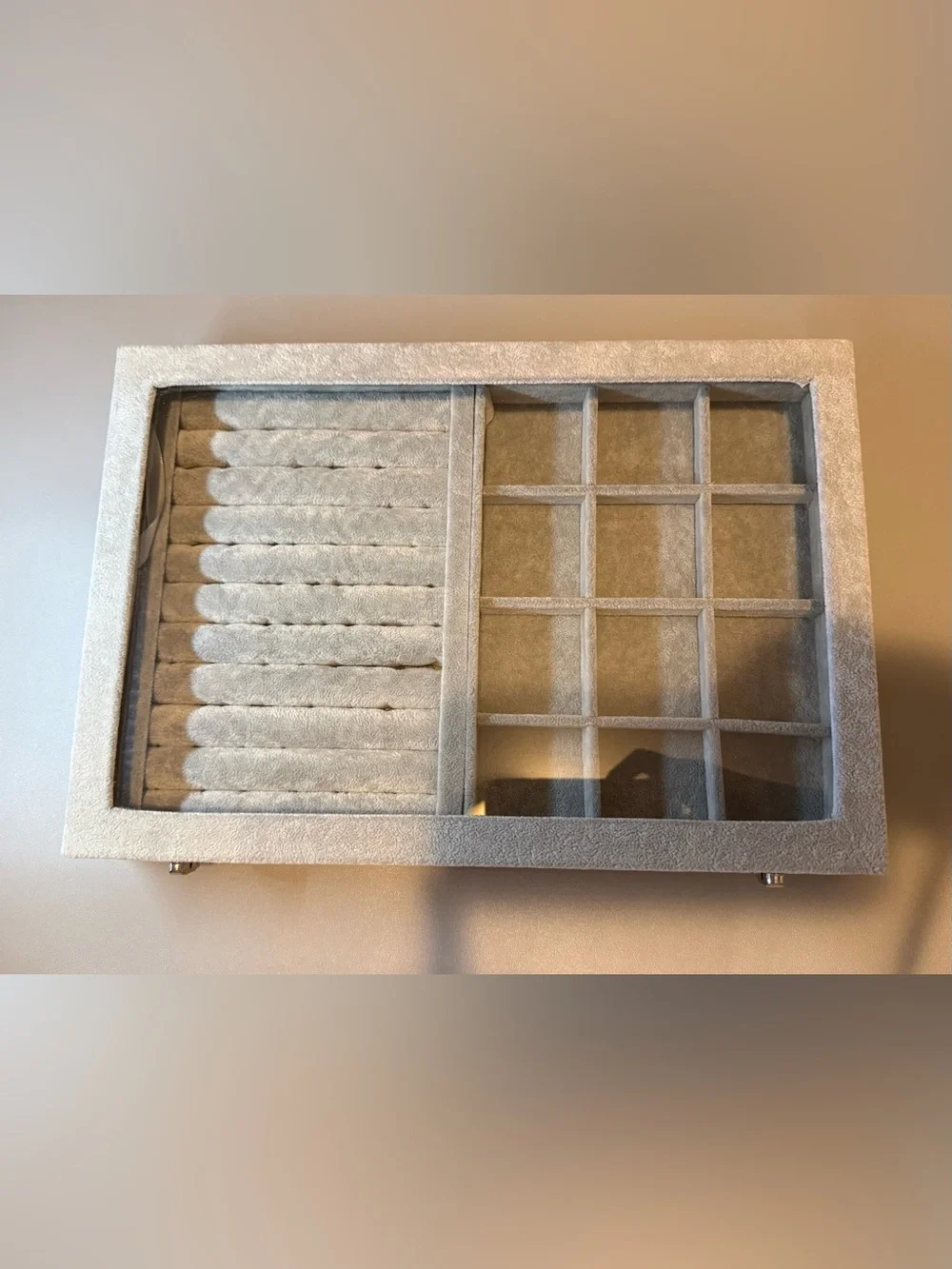 Glass-Top Velvet Jewelry Organizer Tray - Light Gray
